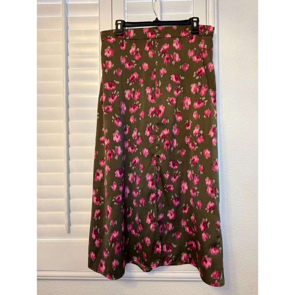 Halogen Olive Green & Pink Floral Print Midi Skirt with Slit - L